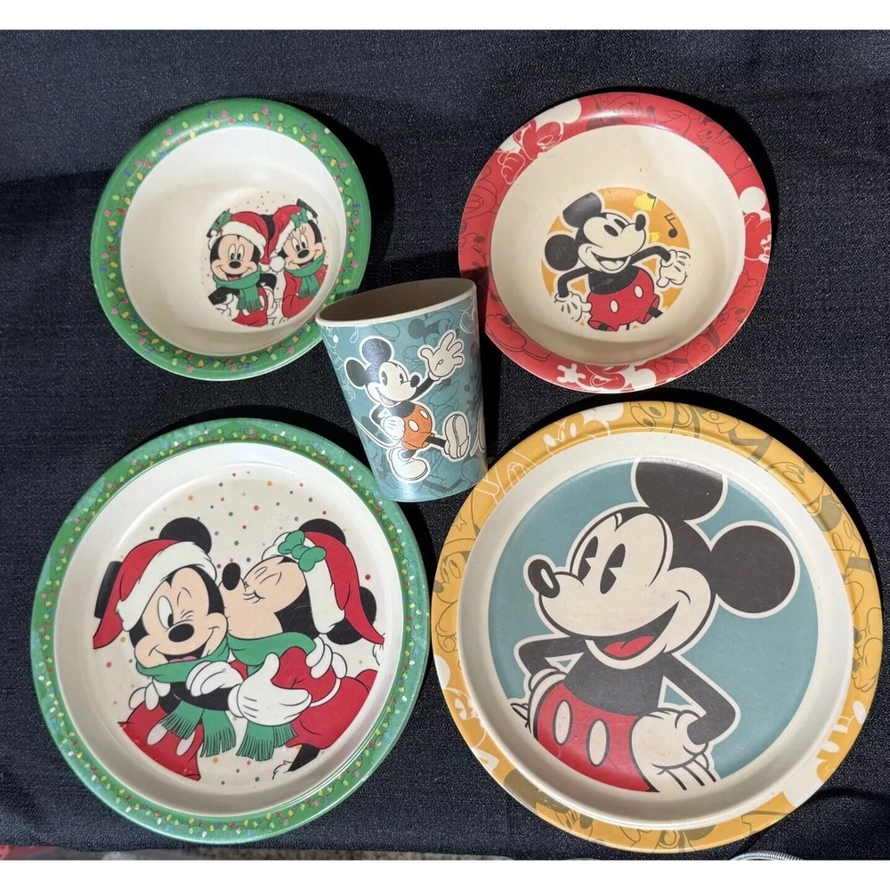Disney Santa Mickey & Minnie Dinnerware Christmas Plate, Bowl & Cup Set of 5